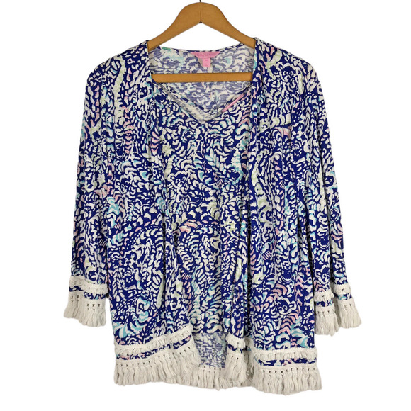 Lilly Pulitzer Size XS Cardigan Gigi Knit Wrap & Tank Top Shell Blue Paisley - Picture 2 of 10